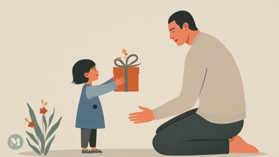 Dessin minimaliste généré par l'intelligence artificielle montrant une fille donnant un cadeau à son père.
