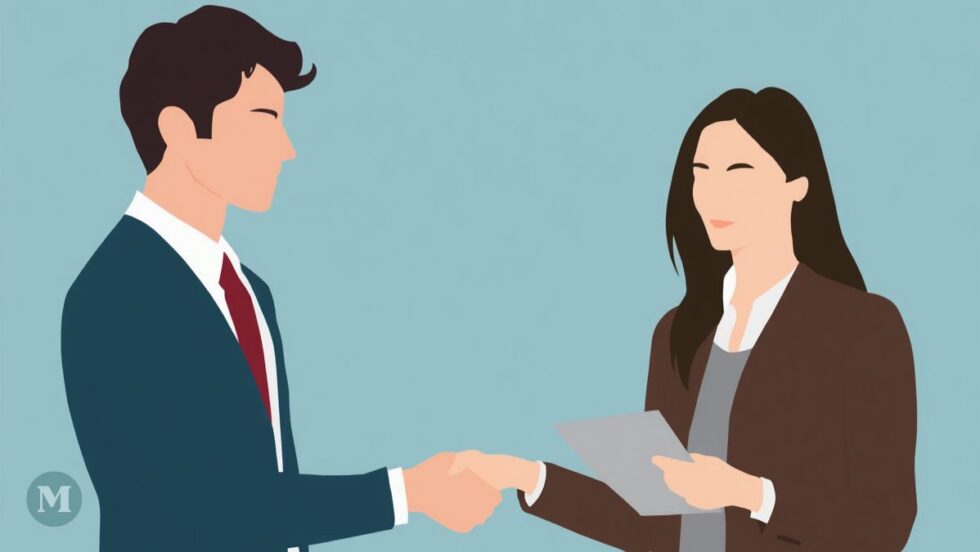 Image générée par l'intelligence artificielle dans le style de l'art minimaliste. L'image montre un jeune homme déposant une demande d'emploi à une femme.