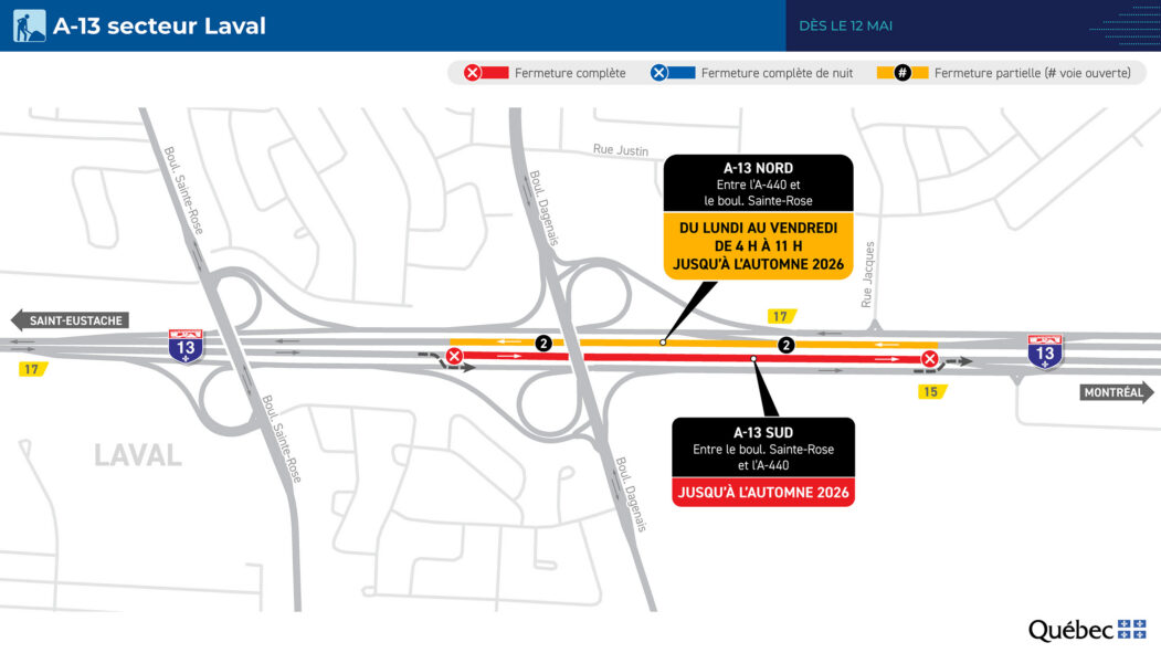 Carte montrant la zone affectée par la fermeture de l'autoroute 13 Sud à Laval.