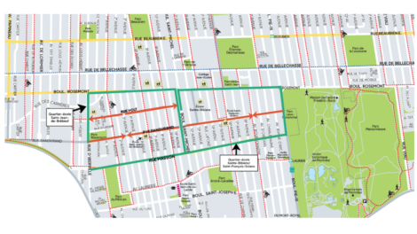 Carte du réaménagement des rues prévu autour des écoles Saint-Jean-de-Brébeuf et Sainte-Bibiane / Saint-François-Solano
